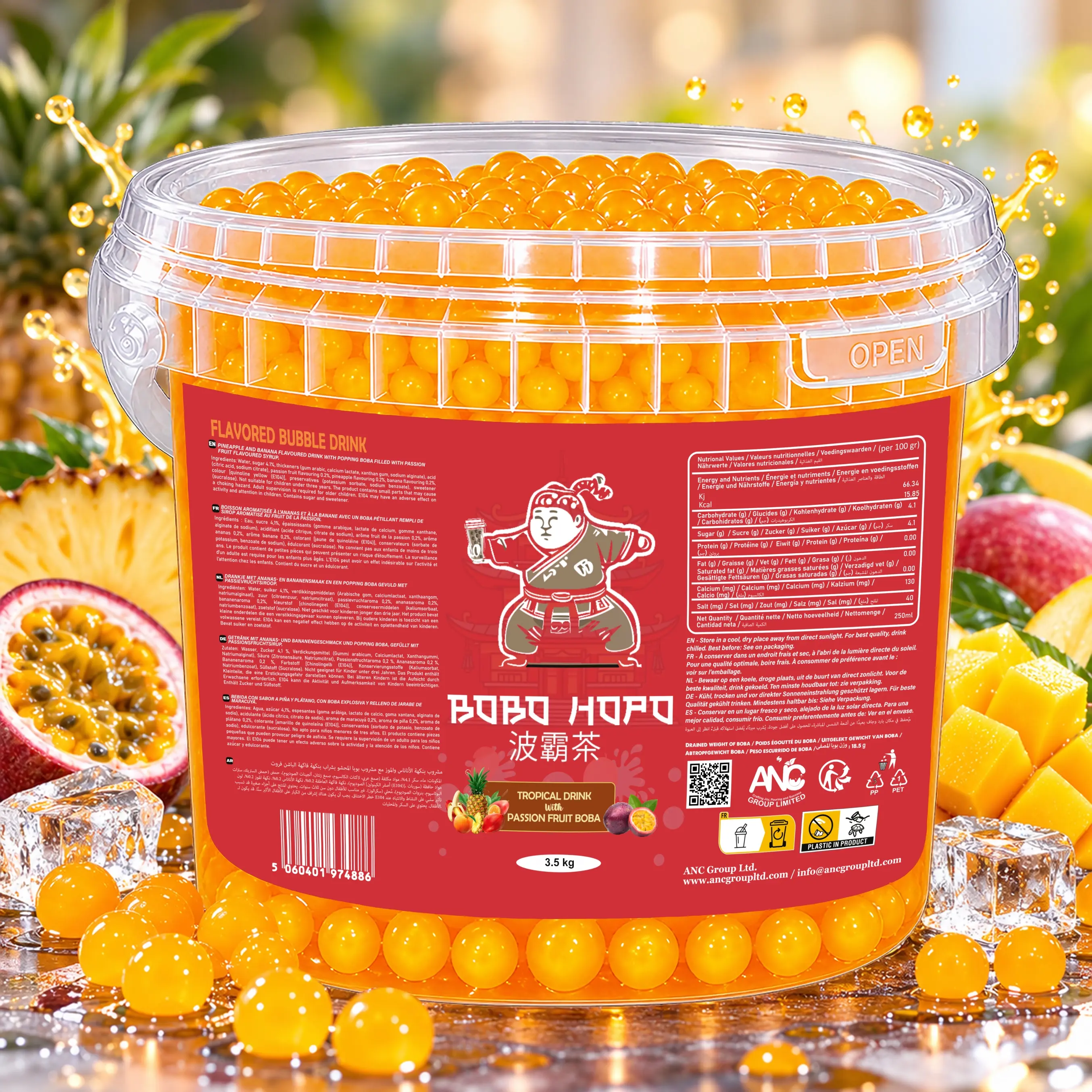 Bobo Hopo 3.5 kg tropical drink flavoured bubbles with passion fruit boba, surrounded by passion fruit, pineapple, mango and ice cubes.